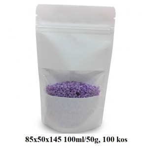 VREČKE ZA ČAJE IN ZELIŠČA Z ZIP ZAPIRANJEM IN OKENCEM 85x50x145 100ml/50g  BELE 1/100