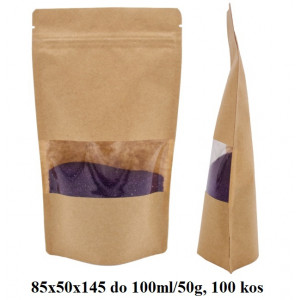 VREČKE ZA ČAJE IN ZELIŠČA Z ZIP ZAPIRANJEM IN OKENCEM 85x50x145 do 100ml/50g  1/100